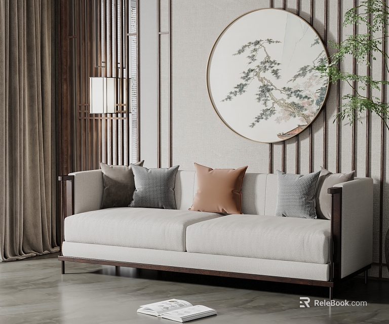Chinese Style Two Seater Sofa With Gray Brown Cushions Round Decorative Painting Wooden Screen 3d model 
