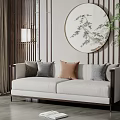Chinese Style Two Seater Sofa With Gray Brown Cushions Round Decorative Painting Wooden Screen