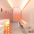 Modern Bright Bubble Tea Shop Interior With Orange Counter And White Stools
