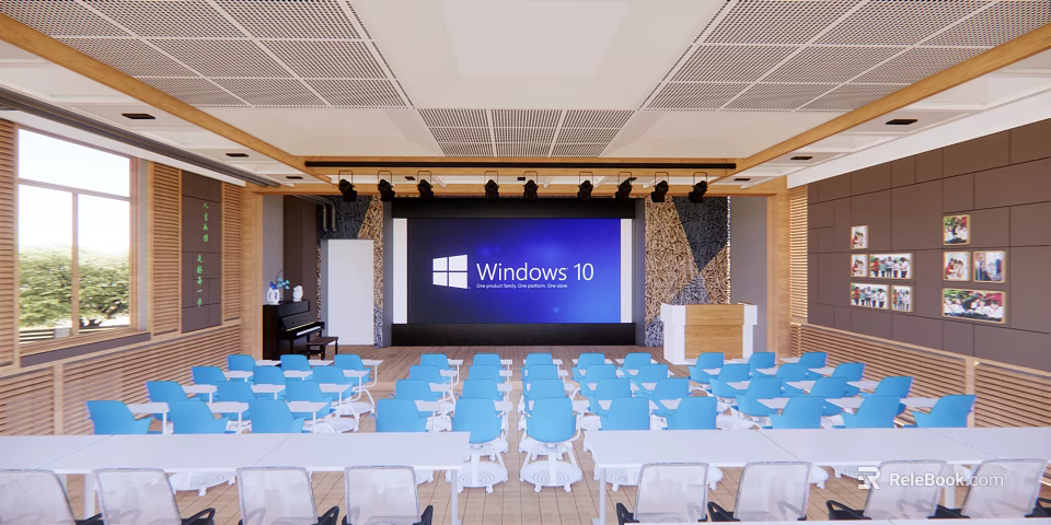 Modern Conference Room With Blue Chairs White Tables Large Screen Windows 10 And Wooden Decor 3d model 