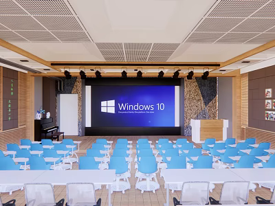 Modern Conference Room With Blue Chairs White Tables Large Screen Windows 10 And Wooden Decor 3d model
