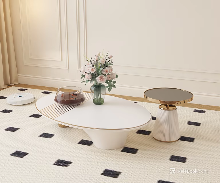 Modern White Oval Coffee Table With Vase Flowers And Gold Side Table On Geometric Rug 3d model 