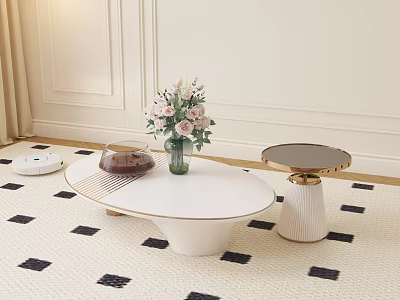 Modern White Oval Coffee Table With Vase Flowers And Gold Side Table On Geometric Rug 3d model