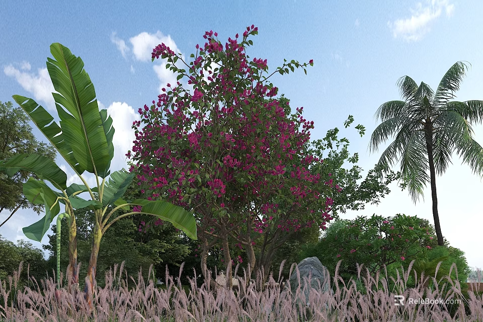 Garden Landscape With Purple Flowering Tree Banana Leaves Palm Tree Green Grass And Blue Sky 3d model 