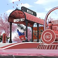 Cherry Blossom Station With Red Train Pink Trees Blue Arch Astronaut Panda Dolls Pink Petals