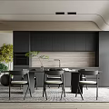 Modern Restaurant Interior With Black Cabinets Dining Table Chairs And Green Plants 3d model