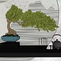 Stylish Bonsai Plant on Black Console Table with Blue Pot Against Mountain Pattern Wall