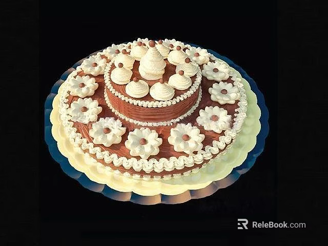 Two Layer Brown Cake With Cream Flowers And Small Round Toppings On Blue Tray 3d model 