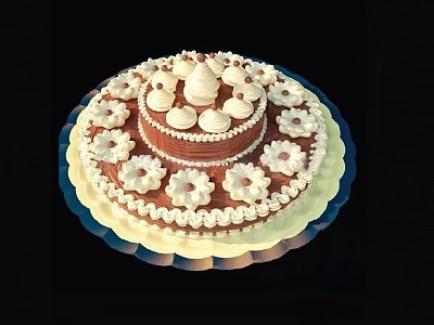 Two Layer Brown Cake With Cream Flowers And Small Round Toppings On Blue Tray 3d model