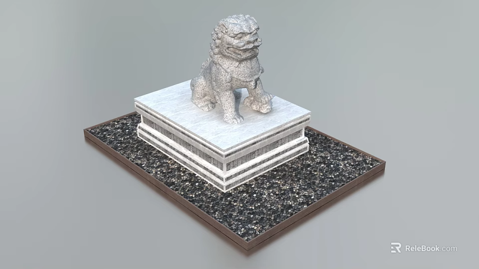 Intricately Carved Stone Lion Sculpture On Square Pedestal With Gravel Base 3d model 