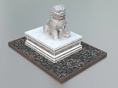 Intricately Carved Stone Lion Sculpture On Square Pedestal With Gravel Base 3d model