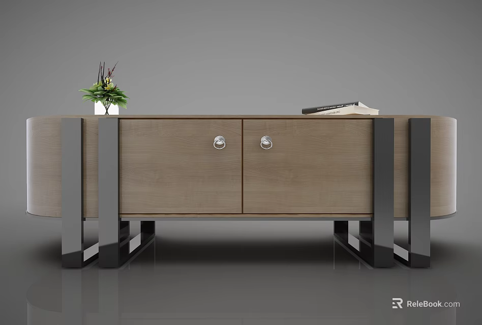 Modern Wooden Entryway Cabinet Sideboard With Metal Legs And Decorative Vase On Top 3d model 