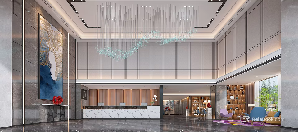 Modern Hotel Lobby Interior With Reception Desk Marble Countertop And Large Crystal Chandelier 3d model 