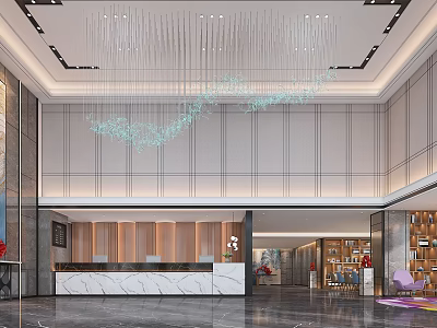 Modern Hotel Lobby Interior With Reception Desk Marble Countertop And Large Crystal Chandelier 3d model