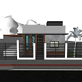 Modern Detached Villa Exterior Design With Black Metal Fence Palm Trees And Brick Driveway