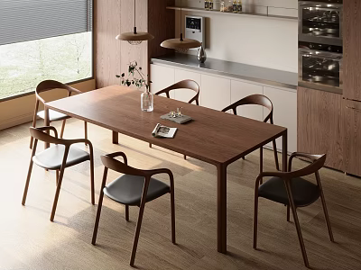Modern Wooden Dining Table with Six Curved Chairs Vase Plants Open Book in Modern Kitchen 3d model