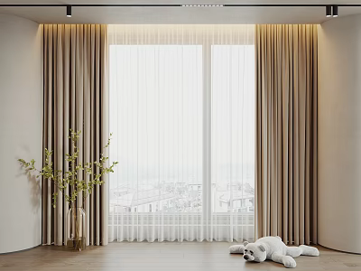Beige Double Layer Curtains With Sheer Panels For Large Window City View Room Interior 3d model