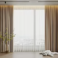 Beige Double Layer Curtains With Sheer Panels For Large Window City View Room Interior