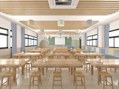 School Cafeteria Interior Featuring Wooden Tables Stools Bright Windows And Pendant Lights 3d model