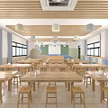 School Cafeteria Interior Featuring Wooden Tables Stools Bright Windows And Pendant Lights