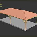 Wooden Pavilion Structure With Red Checkered Roof And Wooden Pillars On Gray Platform