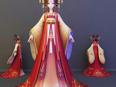 Traditional Fairy Character In Ornate Red Gold Attire With Three Angle Views And Hair Accessories 3d model
