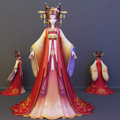 Traditional Fairy Character In Ornate Red Gold Attire With Three Angle Views And Hair Accessories 3d model