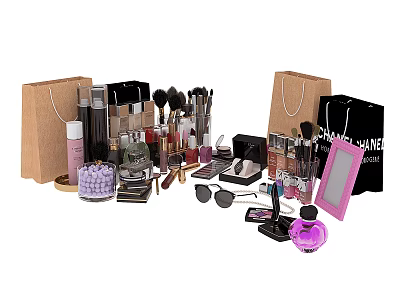 Assorted Perfume And Cosmetics Collection With Makeup Brushes Lipsticks Eyeshadows And Shopping Bags 3d model