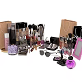 Assorted Perfume And Cosmetics Collection With Makeup Brushes Lipsticks Eyeshadows And Shopping Bags