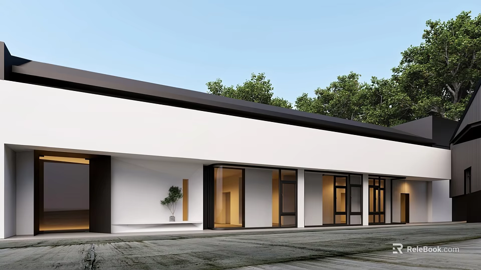Modern Storefront Facade With White Walls Black Roof And Glass Doors Surrounded By Green Trees 3d model 