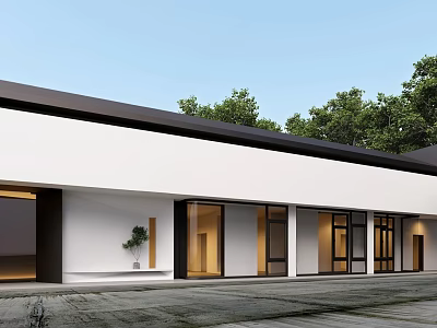 Modern Storefront Facade With White Walls Black Roof And Glass Doors Surrounded By Green Trees 3d model