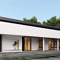 Modern Storefront Facade With White Walls Black Roof And Glass Doors Surrounded By Green Trees
