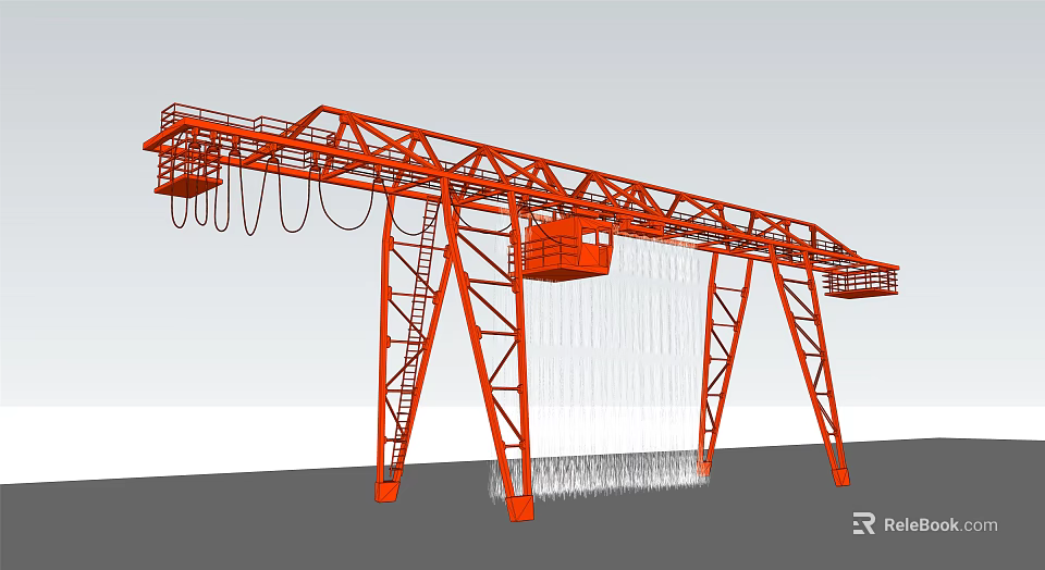 Red Industrial Gantry Crane With Steel Frame And Hanging Cables For Heavy Lifting 3d model 