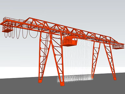 Red Industrial Gantry Crane With Steel Frame And Hanging Cables For Heavy Lifting 3d model