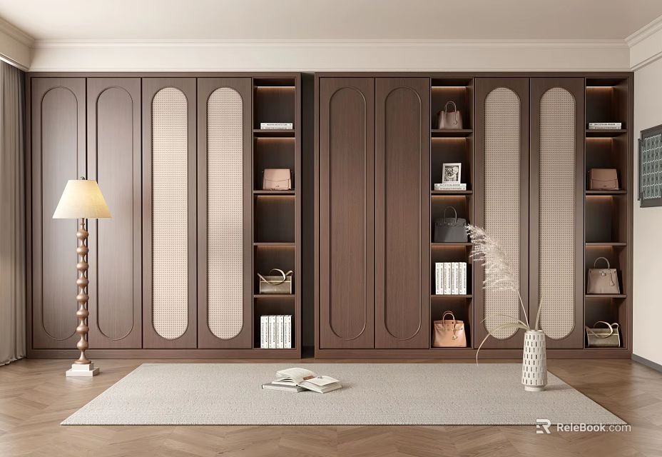 Modern Dark Brown Wardrobe Interior With Smooth Panel Doors Open Shelves Floor Lamp And Vase 3d model 