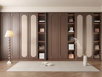 Modern Dark Brown Wardrobe Interior With Smooth Panel Doors Open Shelves Floor Lamp And Vase 3d model