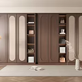 Modern Dark Brown Wardrobe Interior With Smooth Panel Doors Open Shelves Floor Lamp And Vase