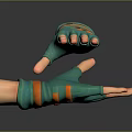 Two Hands Wearing Blue Gloves With Orange Straps Overlapping On Black Surface