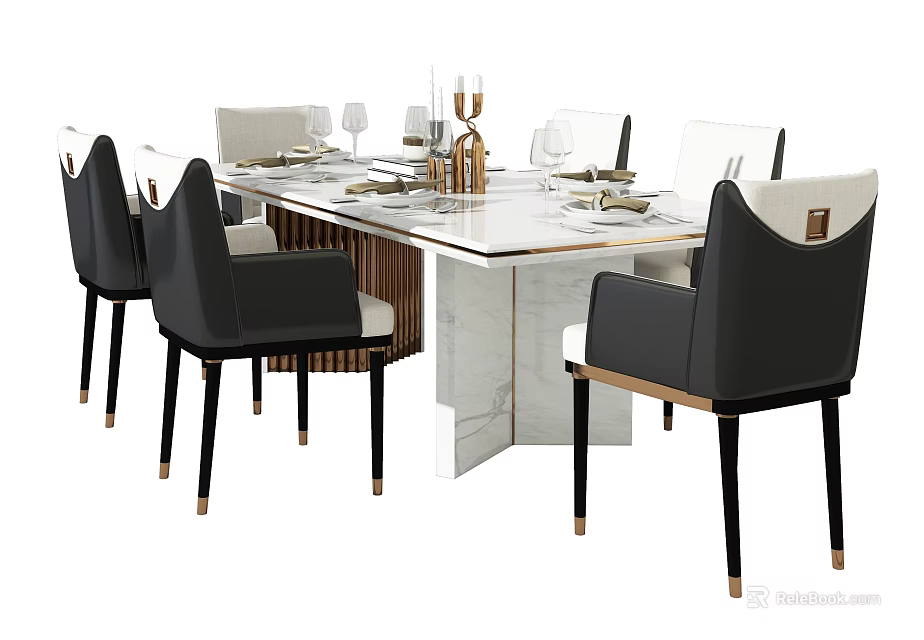 Elegant Modern Dining Table Set With Marble Top And Black White Chairs 3d model
