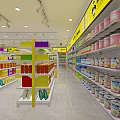 Bright Yellow Retail Store Interior With Shelves Full Of Goods And Checkout Counter