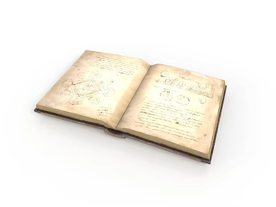 Open Vintage Book With Hand Drawn Illustrations And Written Text 3d model
