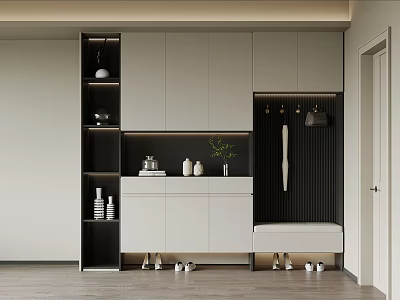 Modern White And Black Shoe Cabinet With Clothing Hanging Area Bench And Decorative Items 3d model