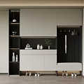Modern White And Black Shoe Cabinet With Clothing Hanging Area Bench And Decorative Items