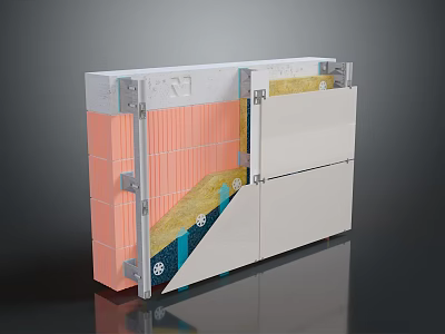 Building Exterior Wall Sectional View With Insulation Layer Metal Frame And Ceramic Panels 3d model