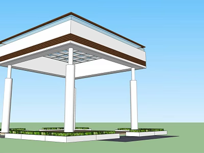 Outdoor Pavilion Structure With Brown And White Roof White Columns Concrete Base And Green Plants 3d model