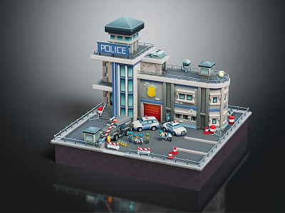Cartoon Style Police Station Building with Tower Police Cars and Road Barriers 3d model