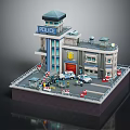 Cartoon Style Police Station Building with Tower Police Cars and Road Barriers