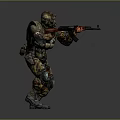 Camouflaged Armored Game Movie Character Holding Rifle in Combat Stance with Tactical Gear