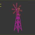 Vintage Wooden Windmill Structure With Metal Tower And Red Center Component