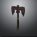 Ornate Axe Weapon with Wing Shaped Blades Red Black Patterns and Wooden Handle
